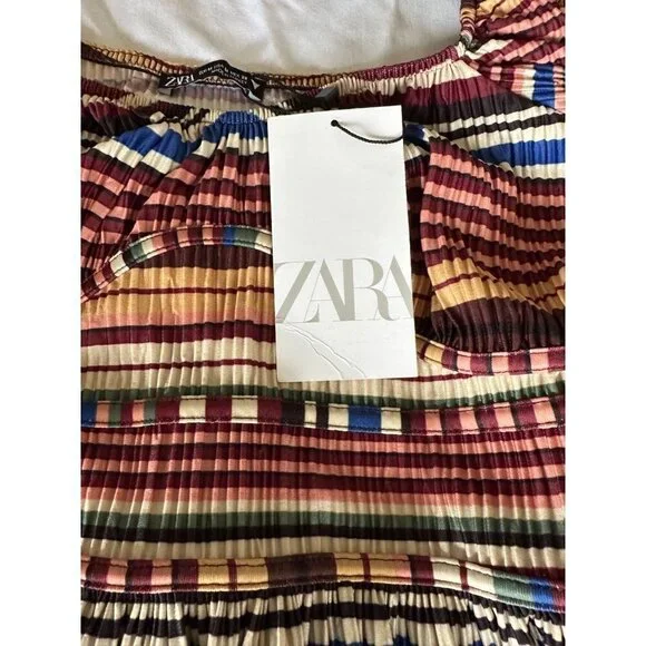 Zara Dress Fall Colors Striped Pleated Empire Waist SZ Medium Square Neck - Picture 9 of 13
